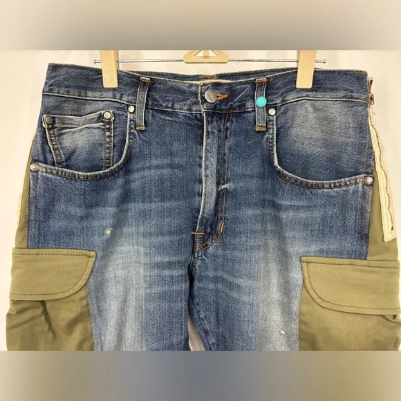 NWOT +People Denim Patchwork Zipper Boyfriend Jean Blue Green 28 - Picture 2 of 5